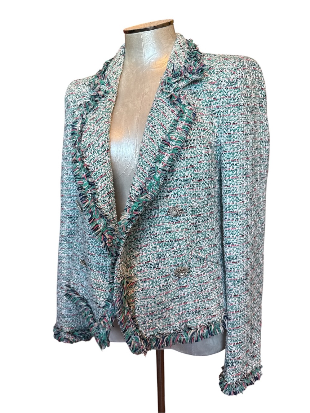 River Island Seafoam Green Tweed Fringed Blazer Jacket Size 10